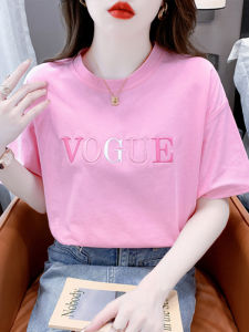 เสื้อยืดแขนสั้นผ้าฝ้ายลายปักสไตล์เกาหลีสำหรับผู้หญิง ทรงหลวม คอกลม ลายตัวอักษร แฟชั่นฤดูร้อน ผ้าฝ้ายแท้ สีชมพูหวาน