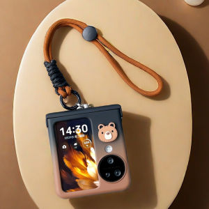 New Fashion Gradient Color Phone Case for Oppo Find N3 Flip Full Cover Hinge Rotation Foldable Screen Cute Bear Lanyard Anti-Fall Case