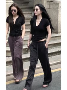 Slim Fit Short Sleeve V-Neck T-Shirt Womens Summer New Casual Versatile Hot Girl Short Top Trendy Cotton Regular Thickness