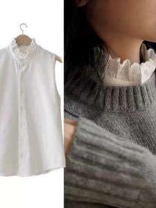 Áo Sơ Mi Nữ Tay Không Viền Ren Cổ Bẻ Mùa Thu Mới Cao Cấp Mặc Trong Lớp Lót Áo Vest Màu Trắng Kiểu Dáng Thông Thường