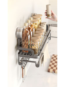 ชั้นวางของติดผนังแบบดูดสำหรับครัว ชั้นวางเครื่องปรุงรสแบบมีหลายชั้น ไม่ต้องเจาะรู อุปกรณ์ตกแต่งบ้านสำหรับใช้ในครัว