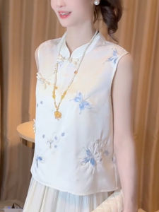SHUAIYUE | Áo Blouse Trắng Thêu Không Tay Kiểu Trung Quốc