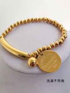 Titanium Steel Elastic Bracelet Womens Love Letter Lucky Bead round Beads Shiny Eternal Fashion Jewelry Hand Chain Accessory