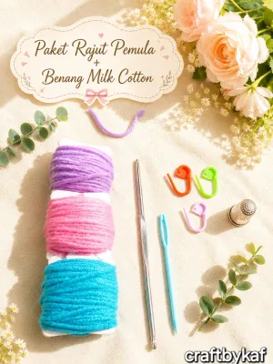 Paket Rajut Pemula Kit Rajut Set Alat Rajut + Benang Milk Cotton 5 ply