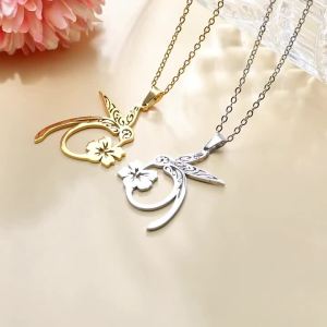 Cute Hummingbird Flower Charm Necklaces for Women Stainless Steel Fashion Animal Pendant Necklace Choker Chain Jewelry Gift