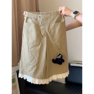 WANGGONGZHU | High Waist Casual Lace Trim Patchwork Shorts Women Summer New Style Slimming Plus Size Wide Leg Pants Korean Style Commute