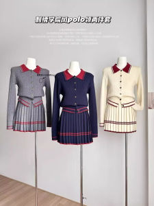 Meat Ree Pony Embroider Preppy Style Sweater Suit Female Fall and Winter Polo Collar Knitwear Pleated Skirt Two-piece Set