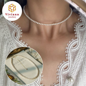 Viviann Original Design S925 Sterling Silver French Vintage Pearl Necklace Adjustable Elegant Necklace Pearl Choker Necklace for Women Girl GiftPopular White Pearl Jewelry Necklace