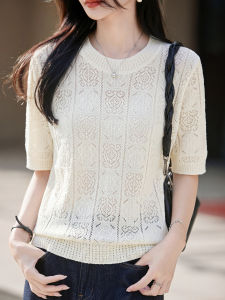 YUEXINYIRONG | Lace Hollow Out Short Sleeve Knit T-Shirt Round Neck Comfortable Breathable Loose