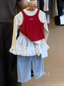 Girls Long Sleeve T-Shirt Red Vest Spring Autumn Wear Big Kids Casual Style Standard Fit Material Other Color Solid round Neck