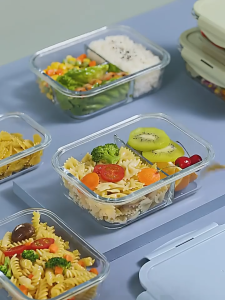 SUNDAR Microwave Safe Glass Bento Box with Dividers Airtight Leakproof Food Crisper for School Home Use