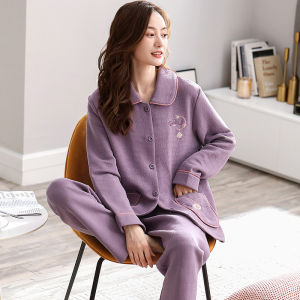 Miiow | Thickened Pure Cotton Pajamas Set For Couples Womens Long Sleeve Long Dress Home Clothes Warm Autumn Winter Outwear