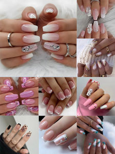 Gradual Pink Shiny Particle French Style Water Diamond Fashion Nail Art Press on False Nails Wearable Artificial Nails