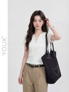 YOUXIANG | Áo Thun Ngắn Tay Form Slim Fit Dây Chéo V