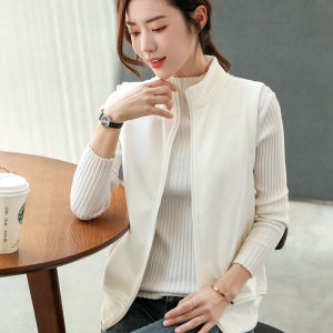แจ็คเก็ตคอตั้งแบบสวมหัวแขนกุดผ้าฝ้ายผสมสไตล์เกาหลีสีพื้นเรียบง่าย แจ็คเก็ตสเวตเตอร์ เสื้อคลุมกันหนาวแบบเล็กสำหรับผู้หญิง