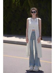 Phong Cách Pháp Ren Hollow Out  Áo Hai Dây Đầm Ice Lụa Dệt Kim Áo Nữ Vỏ Áo Khoác Ngoài Mỏng Mùa Hè Thiết Kế Áo Sơ Mi Nhiều Lớp Nhỏ