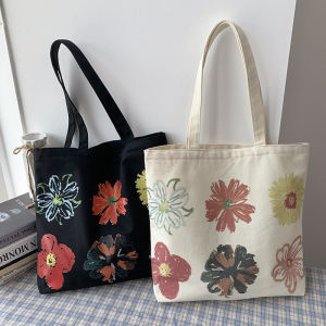 Simple Canvas Tote Bag for Women Commuter Bag Large Capacity Shopping Bag Soft Handle Printed Contrast Color Everyday Bag