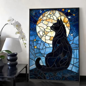 Stained Glass Cat Colorful Art 5D DIY Diamond Painting Kit Full Round Drill For Home Hallway Wall Decor Holiday Gift