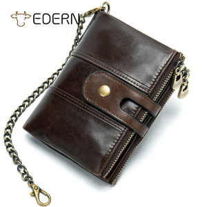 EDERN Genuine Leather Wallet for Men Anti-theft Chain Short Wallet RFID Anti-magnetic Bifold Wallet Retro Cowhide Coin Purse Card Holder