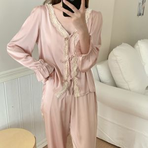 Champagne Pink Ice Silk Sleepwear Womens Spring Summer New Style French V-neck Lace Trim Loose Thin Home Clothes