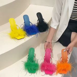 MANXIXI Fashion Women High Heels 3.93 Inches Beautiful Colorful Fur Sandals (Size 35-41)