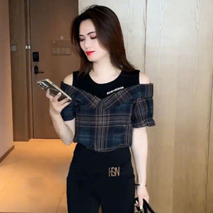 Fashionable Chic Off-Shoulder Tweed Shirt for Women Summer New Arrival Design Sense Fake Two-Piece Plaid Shirt Youth Casual Work Clothing