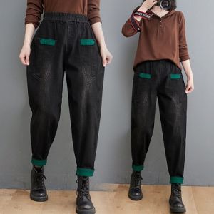 Spring High Waist Loose Womens Jeans plus Size Elastic Waist Slimming Versatile Dad Pants Harlan Pants Deep Color Nine Points