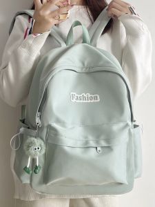 Large Capacity School Bag Nylon Material Zipper Closure Korean Style Pure Color Casual Leisure Backpack for Junior And College Girls