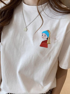 Áo Thun Cotton Thêu Tay Ngắn Cổ Tròn Dáng Rộng Mùa Hè Cho Nữ Áo Thun Cotton Phong Cách Mỹ Hoạt Hình