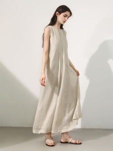 Miccbeirn | Pure Flax Sleeveless Long Dress With Golden Spray Simple A-Line Skirt Commute Slimming High Waist Pleated Summer Dress