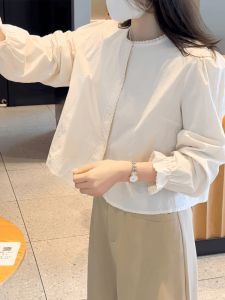 French Ruffle Collar White Shirt Short Thin Doll Shirt Pure Color Womens Top Loose Fit Button Detail Bubble Sleeve Long Sleeve