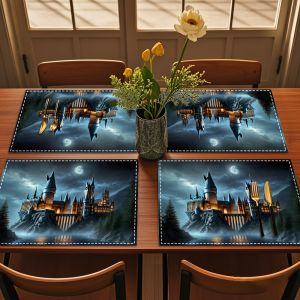 VIKAMA 4PC Castle Mat Moonlight Castle Forest Anti scalding Mat Dining Table Restaurant Romantic Dinner Decoration