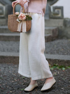 Retro High Waist Wide Leg Pants Linen Cotton Casual Trousers Artistic Straight Cut Nine Point Pants Comfortable Loose Fit