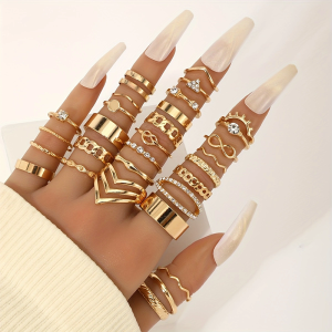 30Pcs Bohemian Retro Metal Geometric Finger Ring Set Fashion Rhinestone Turkey Lucky Eyes Bowknot Ring Womens Classic Jewelry