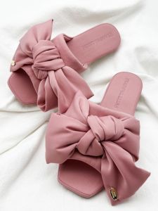 Petit Trouver Pure Color Large Bow Knot Square Head Flat Heel Indoor Home Floor Slippers Home Fabric Slippers Korean Style Spring Autumn Womens Open Toe Polyester