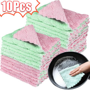 10/5 ชิ้น ผ้าเช็ดจานไมโครไฟเบอร์ดูดซับน้ำดีเยี่ยม / ผ้าเช็ดทำความสะอาดครัวแบบหนา 2 ชั้น / ผ้าเช็ดจานแบบไม่ติดกระทะสำหรับใช้ในครัวเรือน / ผ้าเช็ดฝุ่นแห้งเร็ว