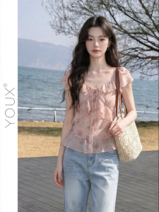 YOUXIANG | Áo kiểu nữ cổ V phối bèo dáng ôm xòe chiết eo nhẹ nhàng thanh lịch
