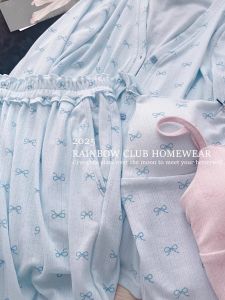 Bộ Đồ Ngủ Ba Mảnh Có Đệm Ngực Thoáng Khí Thoải Mái Dễ Thương Có Nơ Thắt Lưng Dài Tay Quần Dài Mặc Ở Nhà