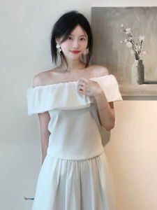 YUEZHONGWEI | White One-Shoulder Short-Sleeve T-Shirt Womens Slimming French Style Summer Fashion Top Korean Version Regular Length