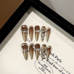 Handmade Long Nail Tips Wearable Nail Art White Enhancing Brown Gradient Gold Mirror Powder Fake Nails for Autumn Winter
