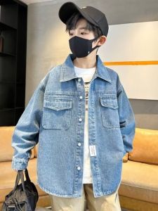 เสื้อแจ็คเก็ตยีนส์เด็กชาย ฤดูใบไม้ผลิและฤดูใบไม้ร่วง แฟชั่น เสื้อเชิ้ตยีนส์ แขนยาว คอโปโล ผ้าฝ้ายผสมโพลีเอสเตอร์