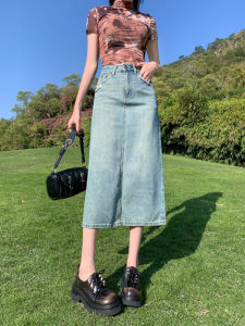 กระโปรงยีนส์ทรงเอเอวสูงสีอ่อนสไตล์ย้อนยุคสำหรับผู้หญิง กระโปรงทรงเอเข้ารูปดีไซน์เก๋ไก๋สำหรับฤดูใบไม้ผลิและฤดูร้อน