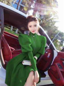 French Style Slimming White Dress Party Evening Gown Autumn Winter High Waist Bubble Sleeve Zipper Back A-Line Skirt Dress