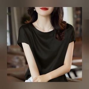 Satin top womens raglan sleeve pullover top loose and versatile casual T-shirt