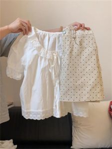Fashionable Doll Collar Two-Piece Set White Polka Dot Short Skirt Younglooking Summer Outfit for Women round Neck Short Sleeve