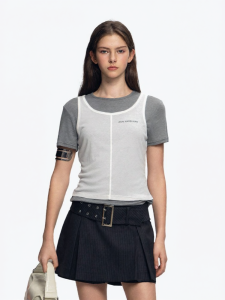 ANN ANDELMAN | Color Block Design Knit Faux Layered T-Shirt