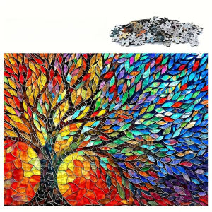 1000pcs Tree of Life Jigsaw Puzzle - Thick Durable Pieces with Vibrant Stained-Glass Style Mosaic Art Challenging Adult Puzzle