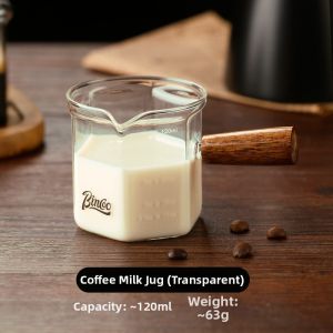 BINCOO | Milk Creamer Glass Cup with Measurement Scale Wooden Handle