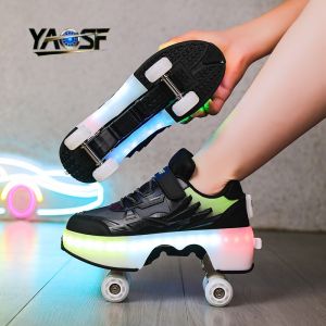 Popular Fashion Upgraded Four Wheel Childrens Roller Skating Shoes One Click Invisible LED Light Skating Shoes