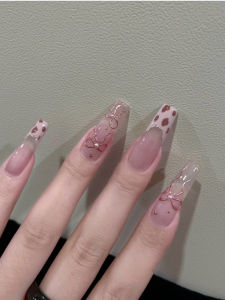 Moon Autumn Winter New Style Korean Sweet Cool Girl Leopard Print Irregular French White Butterfly Knot Handmade Wearable Nails